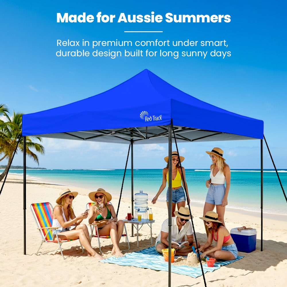 Canopies & Gazebos: RED TRACK 3x3m Premium Pop Up Gazebo Marquee, Patented Steel Cable Canopy Support System, Wheeled Carry Bag, Side Walls, UV Block, Reinforced Frame, Blue