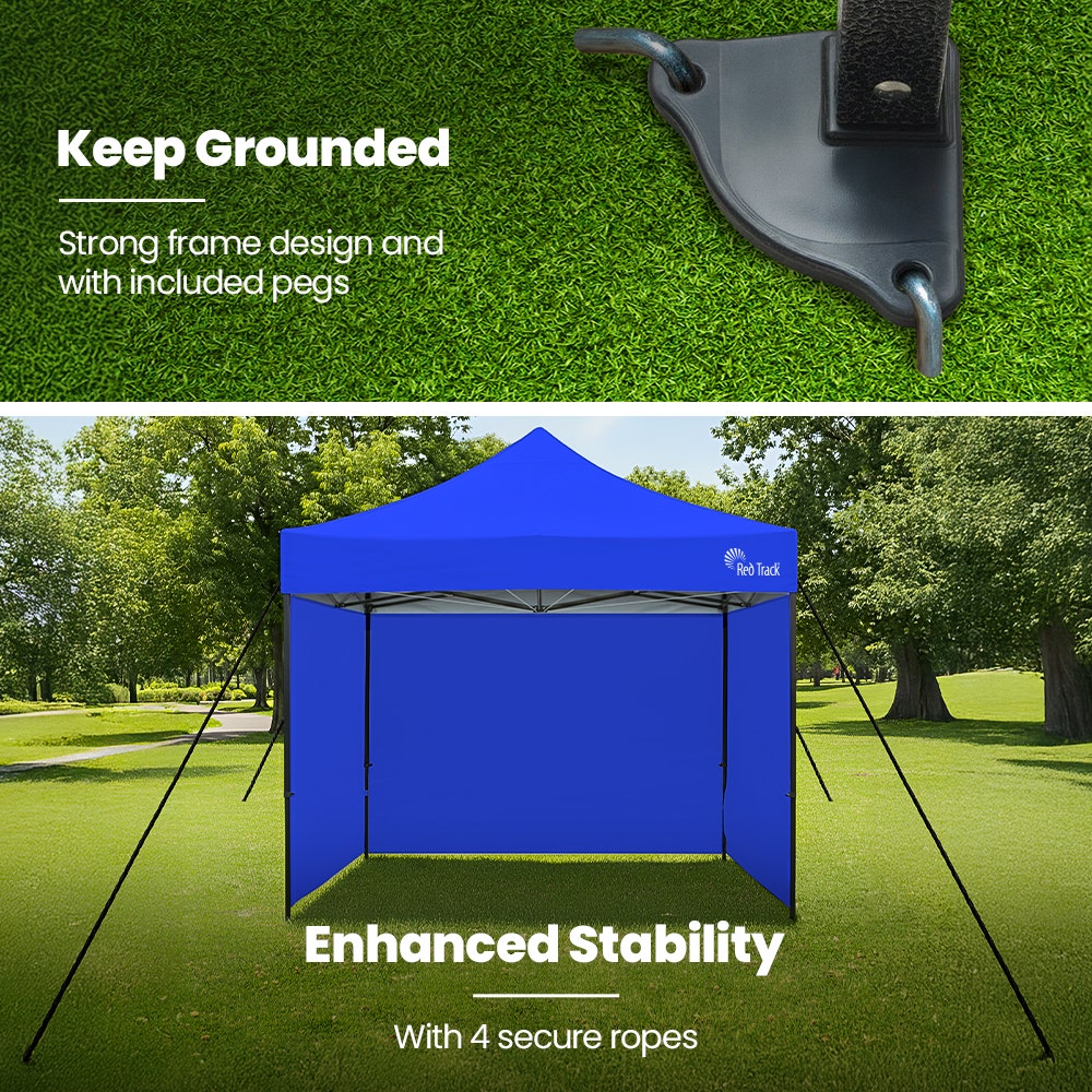Canopies & Gazebos: RED TRACK 3x3m Premium Pop Up Gazebo Marquee, Patented Steel Cable Canopy Support System, Wheeled Carry Bag, Side Walls, UV Block, Reinforced Frame, Blue