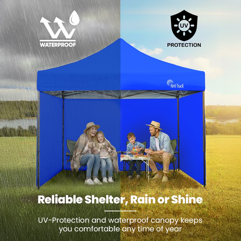 Canopies & Gazebos: RED TRACK 3x3m Premium Pop Up Gazebo Marquee, Patented Steel Cable Canopy Support System, Wheeled Carry Bag, Side Walls, UV Block, Reinforced Frame, Blue