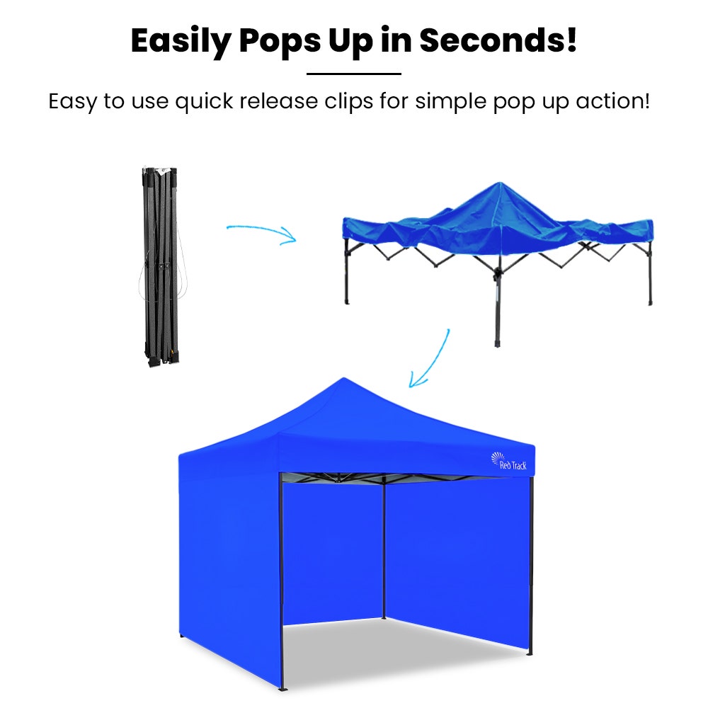 Canopies & Gazebos: RED TRACK 3x3m Premium Pop Up Gazebo Marquee, Patented Steel Cable Canopy Support System, Wheeled Carry Bag, Side Walls, UV Block, Reinforced Frame, Blue