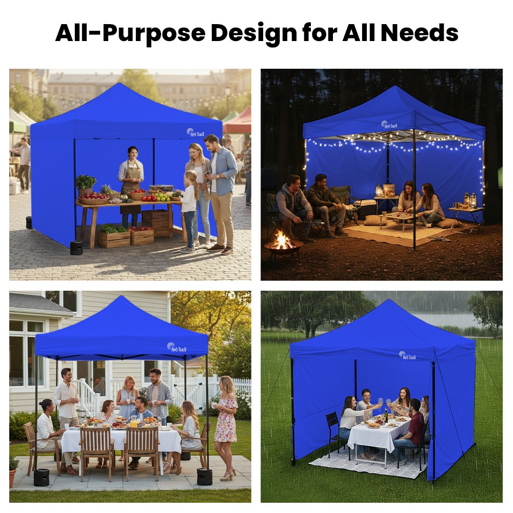 Canopies & Gazebos: RED TRACK 3x3m Premium Pop Up Gazebo Marquee, Patented Steel Cable Canopy Support System, Wheeled Carry Bag, Side Walls, UV Block, Reinforced Frame, Blue