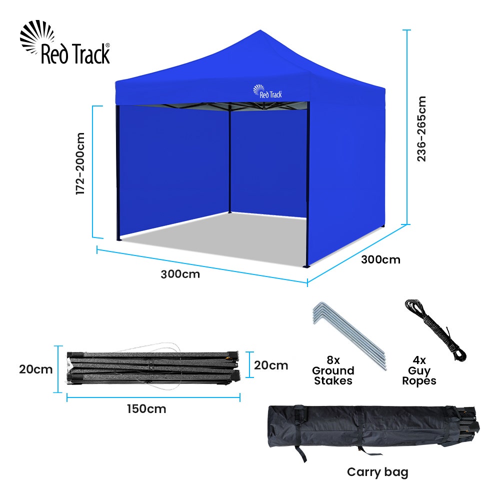 Canopies & Gazebos: RED TRACK 3x3m Premium Pop Up Gazebo Marquee, Patented Steel Cable Canopy Support System, Wheeled Carry Bag, Side Walls, UV Block, Reinforced Frame, Blue