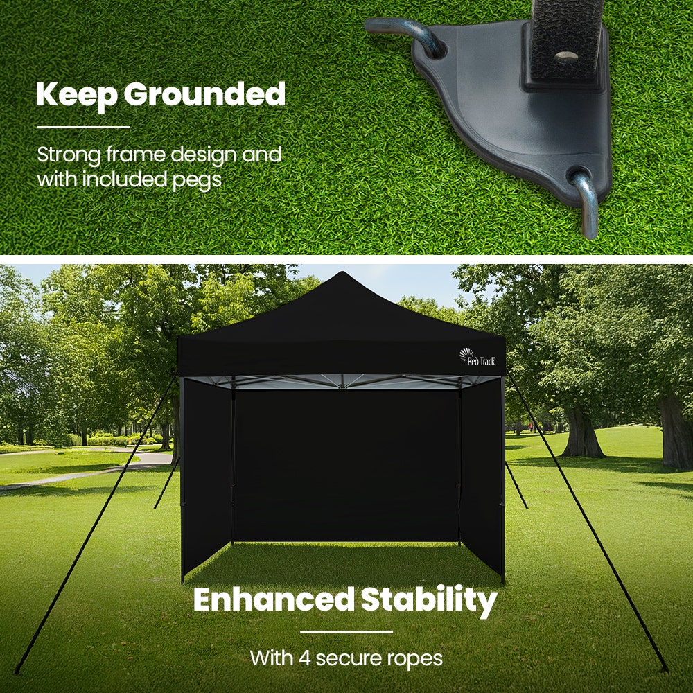 Canopies & Gazebos: RED TRACK 3x3m Premium Pop Up Gazebo Marquee, Patented Steel Cable Canopy Support System, Wheeled Carry Bag, Side Walls, UV Block, Reinforced Frame, Black