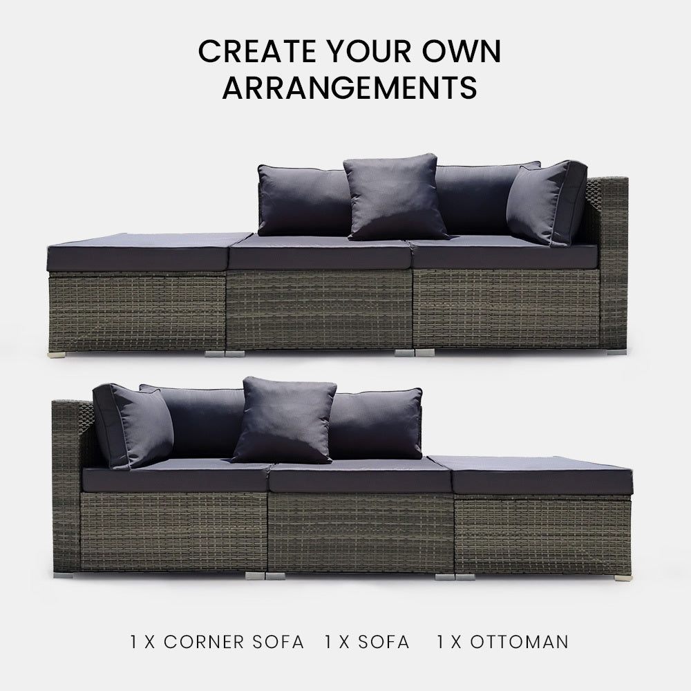 Outdoor Sofas & Lounge Sets: LONDON RATTAN 3 Seater Modular Outdoor Lounge Setting incl. Ottoman, Grey