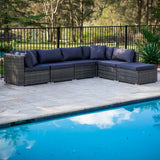 Outdoor Sofas & Lounge Sets: LONDON RATTAN 6 Seater Modular Outdoor Lounge Setting with Ottoman, Grey