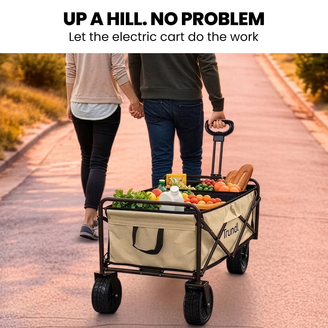 TRUNDL 106L Electric Folding Pull Cart, Powerful Easy Hill Climbing, All-terrain Wheels, Wagon for Beach Camping Shopping, Cream