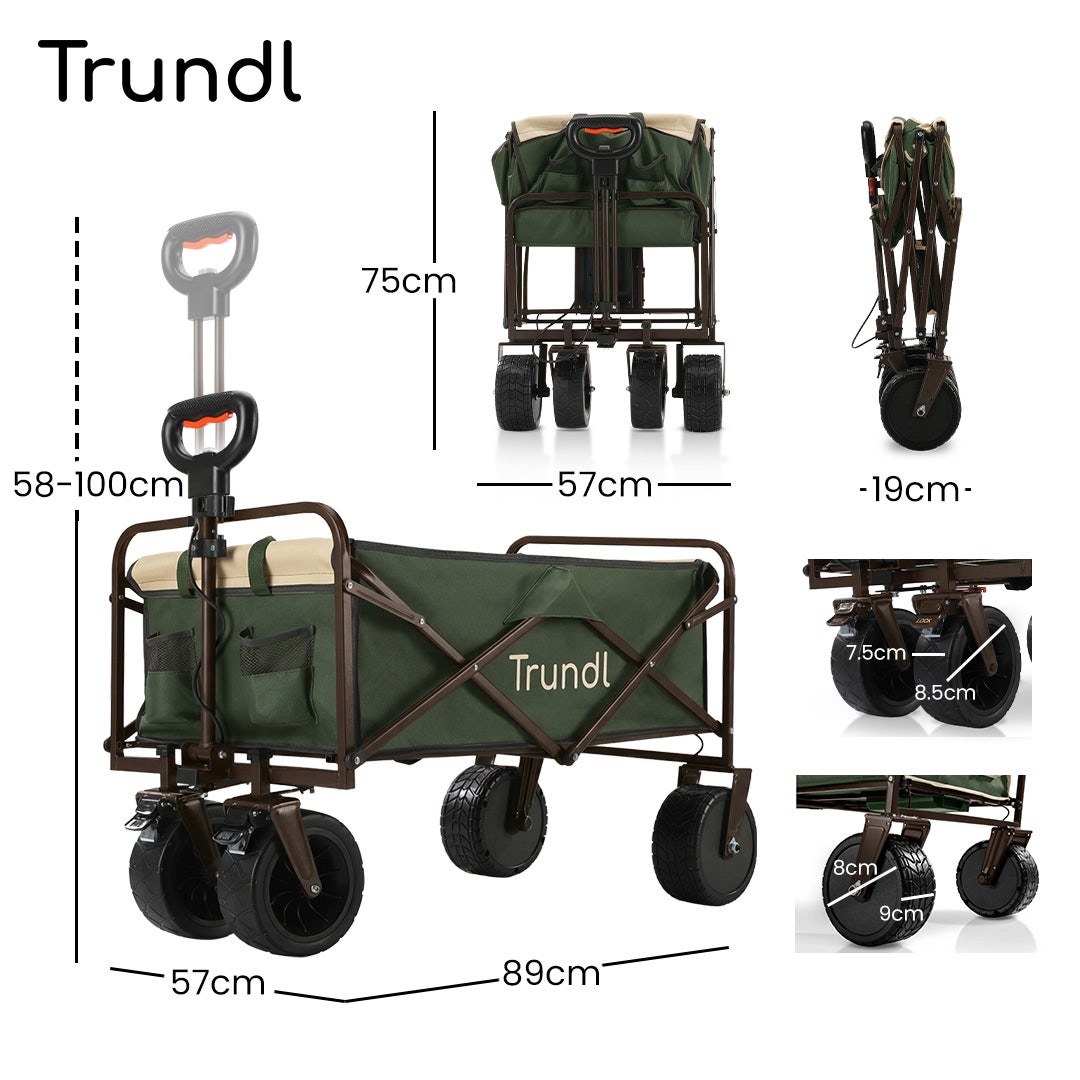 TRUNDL 106L Electric Folding Pull Cart, Powerful Easy Hill Climbing, All-terrain Wheels, Wagon for Beach Camping Shopping, Green