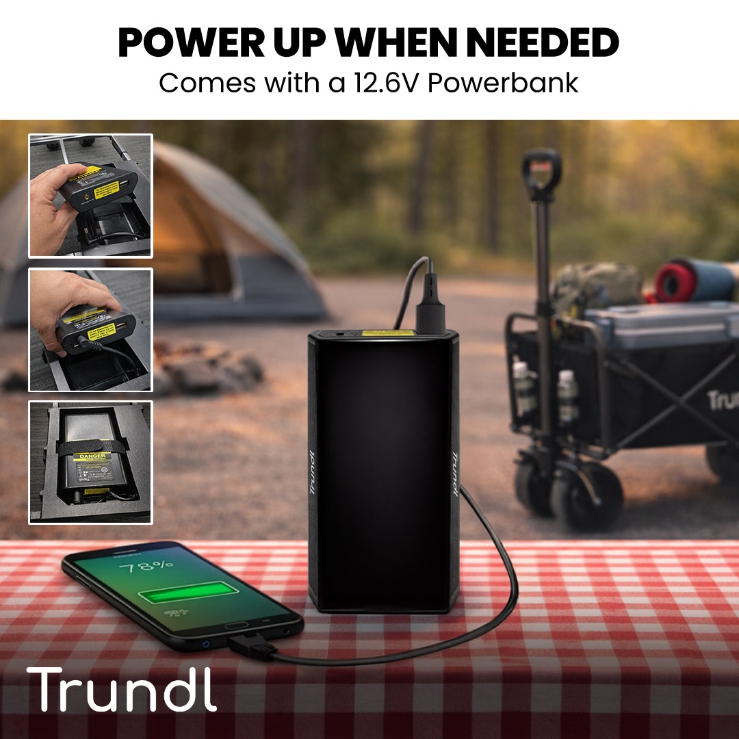 TRUNDL 106L Electric Folding Pull Cart, Powerful Easy Hill Climbing, All-terrain Wheels, Wagon for Beach Camping Shopping, Black