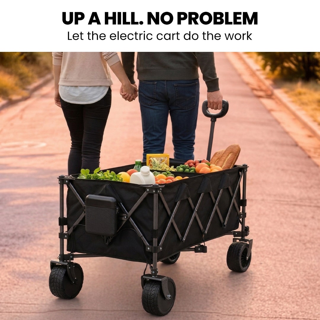TRUNDL 180L XL Electric Folding Pull Cart, Powerful Easy Hill Climbing, All-terrain Wheels, Wagon for Beach Camping Shopping, Black