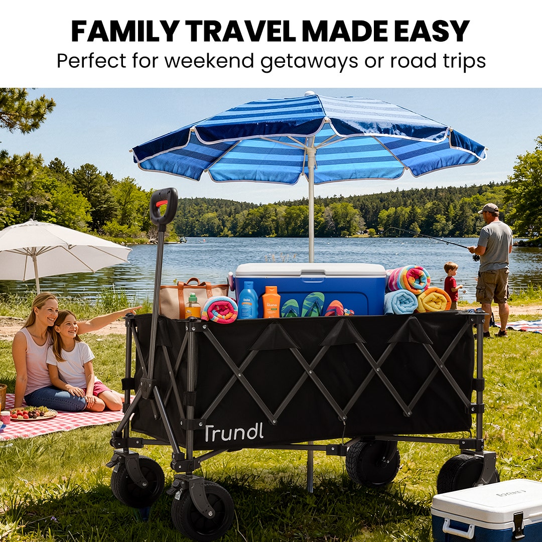 TRUNDL 180L XL Electric Folding Pull Cart, Powerful Easy Hill Climbing, All-terrain Wheels, Wagon for Beach Camping Shopping, Black