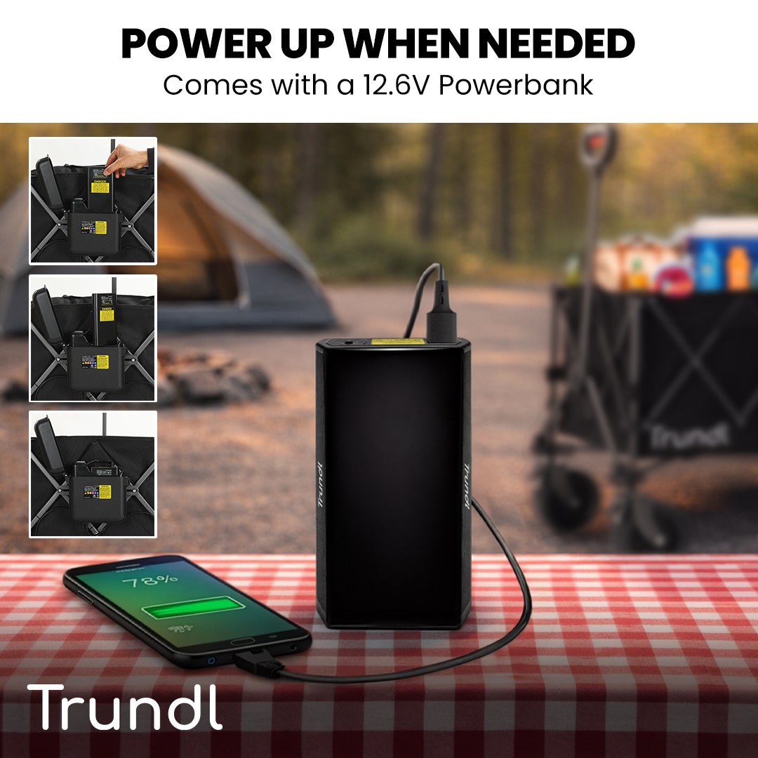 TRUNDL 180L XL Electric Folding Pull Cart, Powerful Easy Hill Climbing, All-terrain Wheels, Wagon for Beach Camping Shopping, Black
