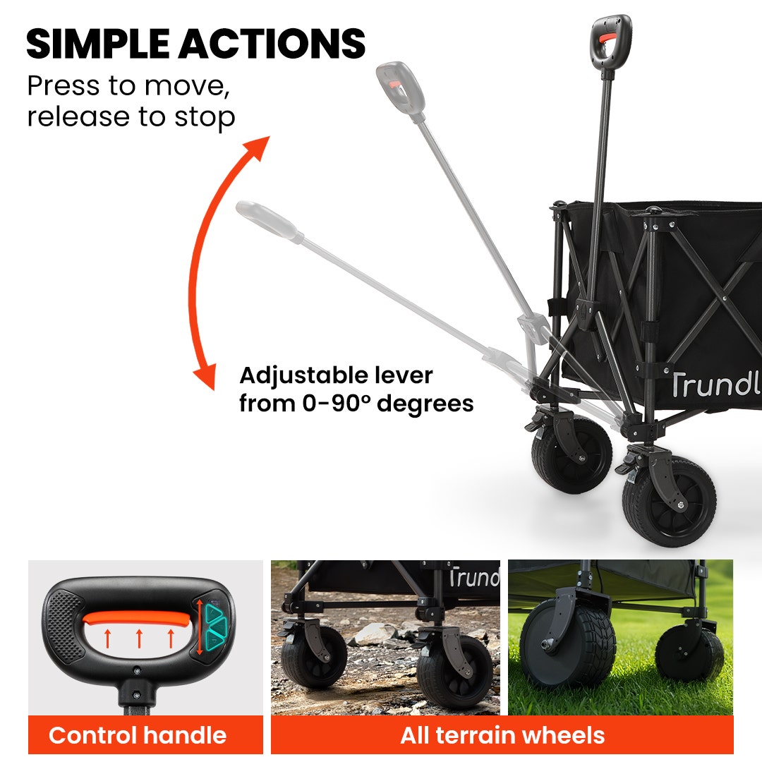TRUNDL 180L XL Electric Folding Pull Cart, Powerful Easy Hill Climbing, All-terrain Wheels, Wagon for Beach Camping Shopping, Black