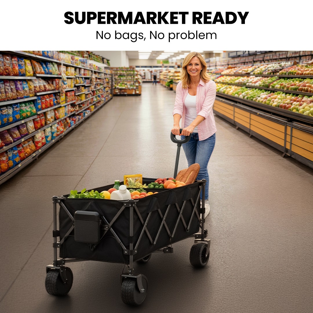 TRUNDL 180L XL Electric Folding Pull Cart, Powerful Easy Hill Climbing, All-terrain Wheels, Wagon for Beach Camping Shopping, Black