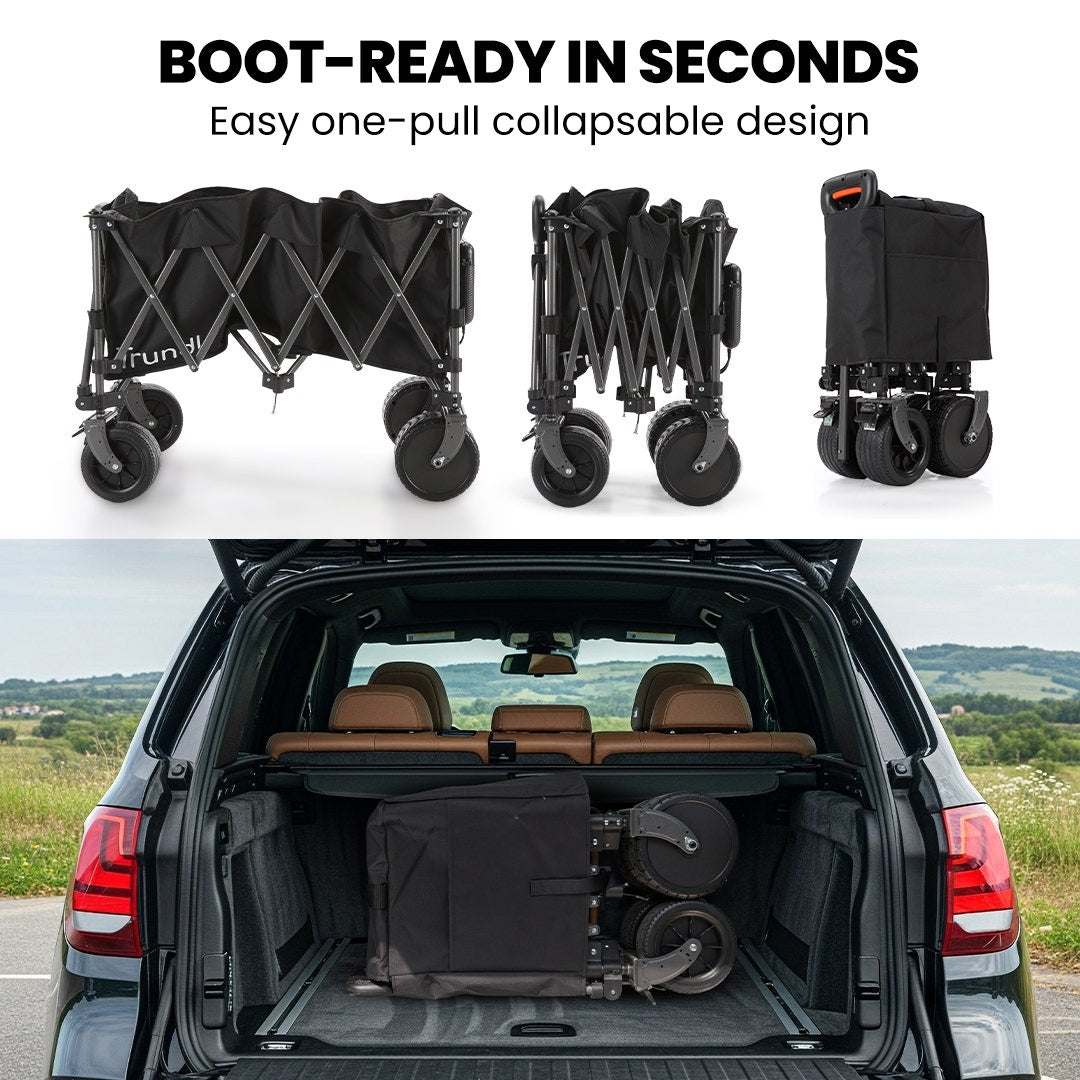 TRUNDL 180L XL Electric Folding Pull Cart, Powerful Easy Hill Climbing, All-terrain Wheels, Wagon for Beach Camping Shopping, Black