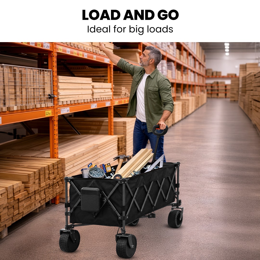 TRUNDL 180L XL Electric Folding Pull Cart, Powerful Easy Hill Climbing, All-terrain Wheels, Wagon for Beach Camping Shopping, Black