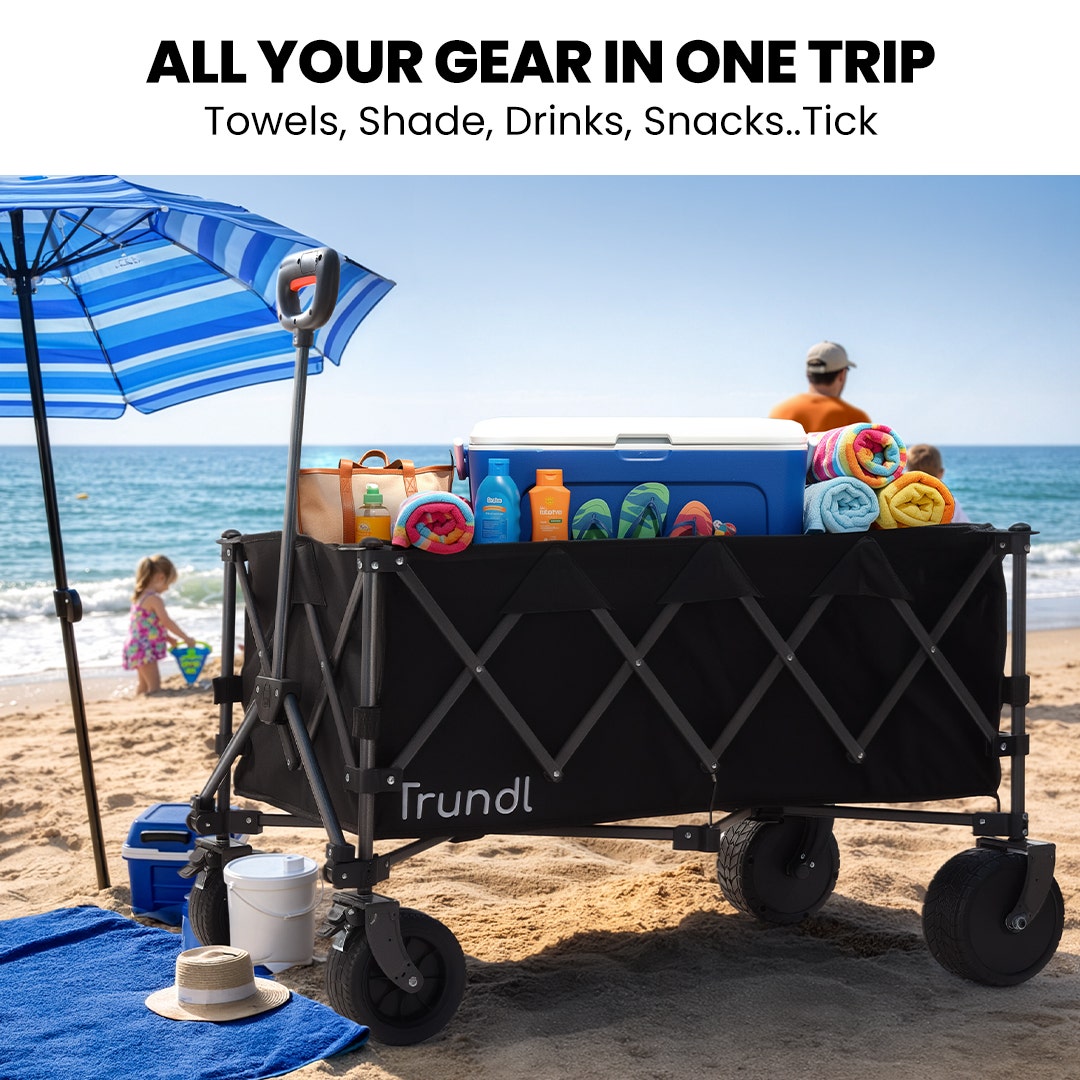 TRUNDL 180L XL Electric Folding Pull Cart, Powerful Easy Hill Climbing, All-terrain Wheels, Wagon for Beach Camping Shopping, Black