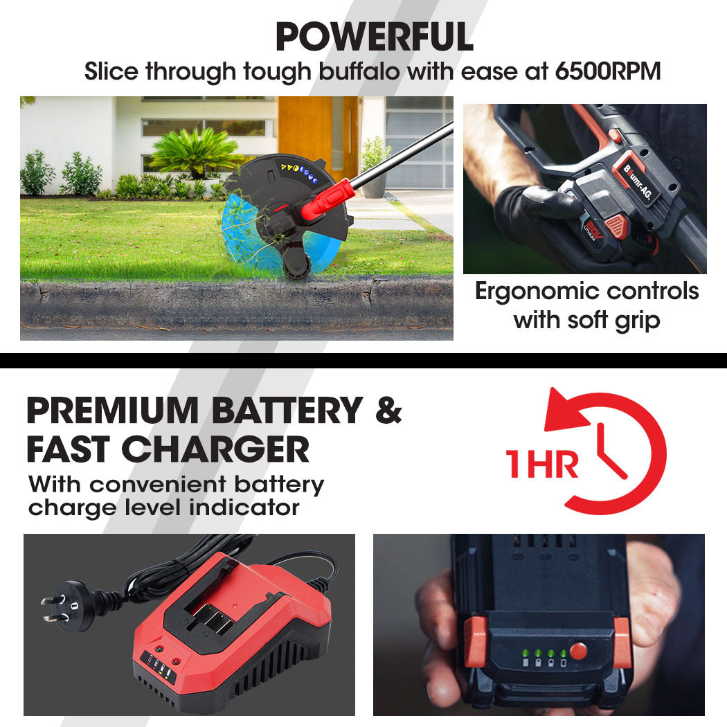 Outdoor Power Equipment: Baumr-AG 20V Cordless Line Trimmer Whipper Snipper Electric Garden Tool, 2.0Ah Lithium Battery Charger