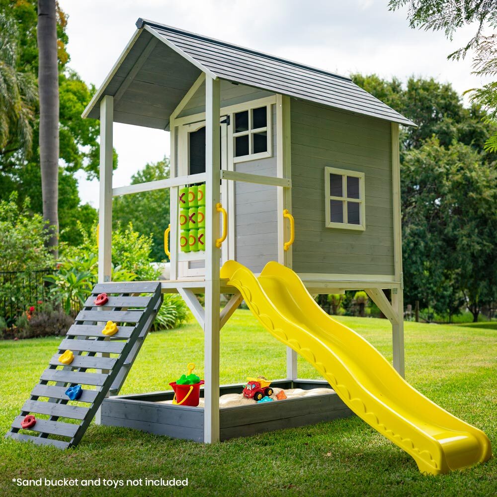 Outdoor Play Equipment: ROVO KIDS Wooden Tower Cubby House with Slide, Sandpit, Climbing Wall, Noughts & Crosses
