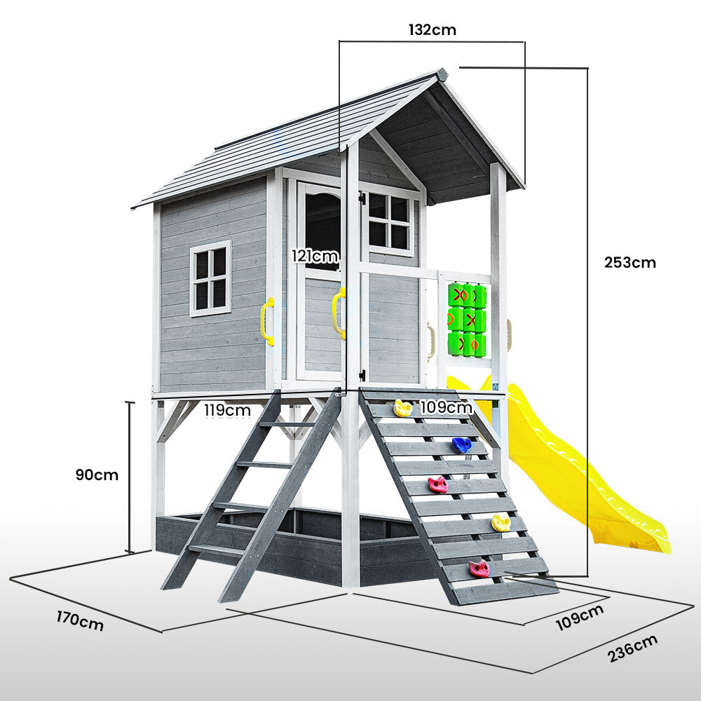 Outdoor Play Equipment: ROVO KIDS Wooden Tower Cubby House with Slide, Sandpit, Climbing Wall, Noughts & Crosses
