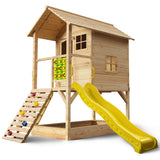 Outdoor Play Equipment: ROVO KIDS Wooden Tower Cubby House with Slide, Sandpit, Climbing Wall, Noughts & Crosses, Natural Colour