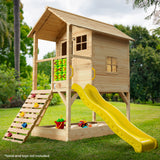 Outdoor Play Equipment: ROVO KIDS Wooden Tower Cubby House with Slide, Sandpit, Climbing Wall, Noughts & Crosses, Natural Colour