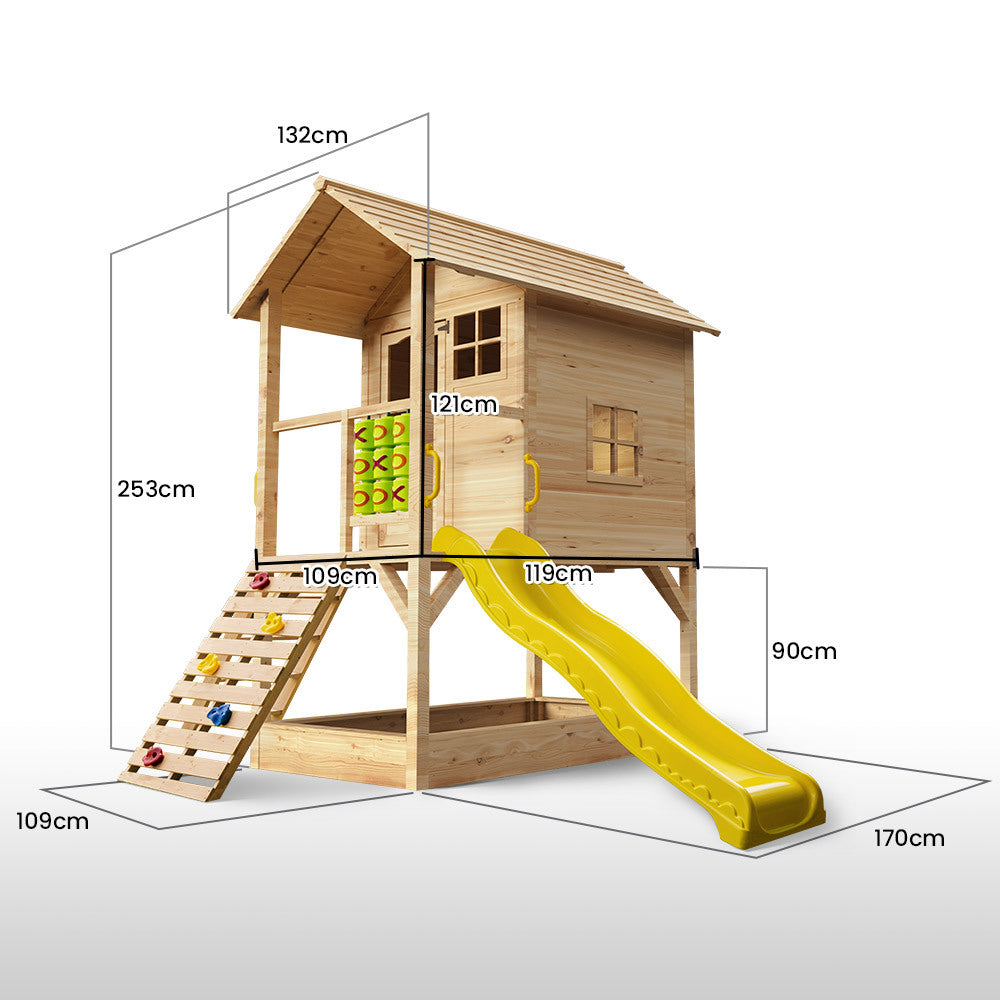 Outdoor Play Equipment: ROVO KIDS Wooden Tower Cubby House with Slide, Sandpit, Climbing Wall, Noughts & Crosses, Natural Colour