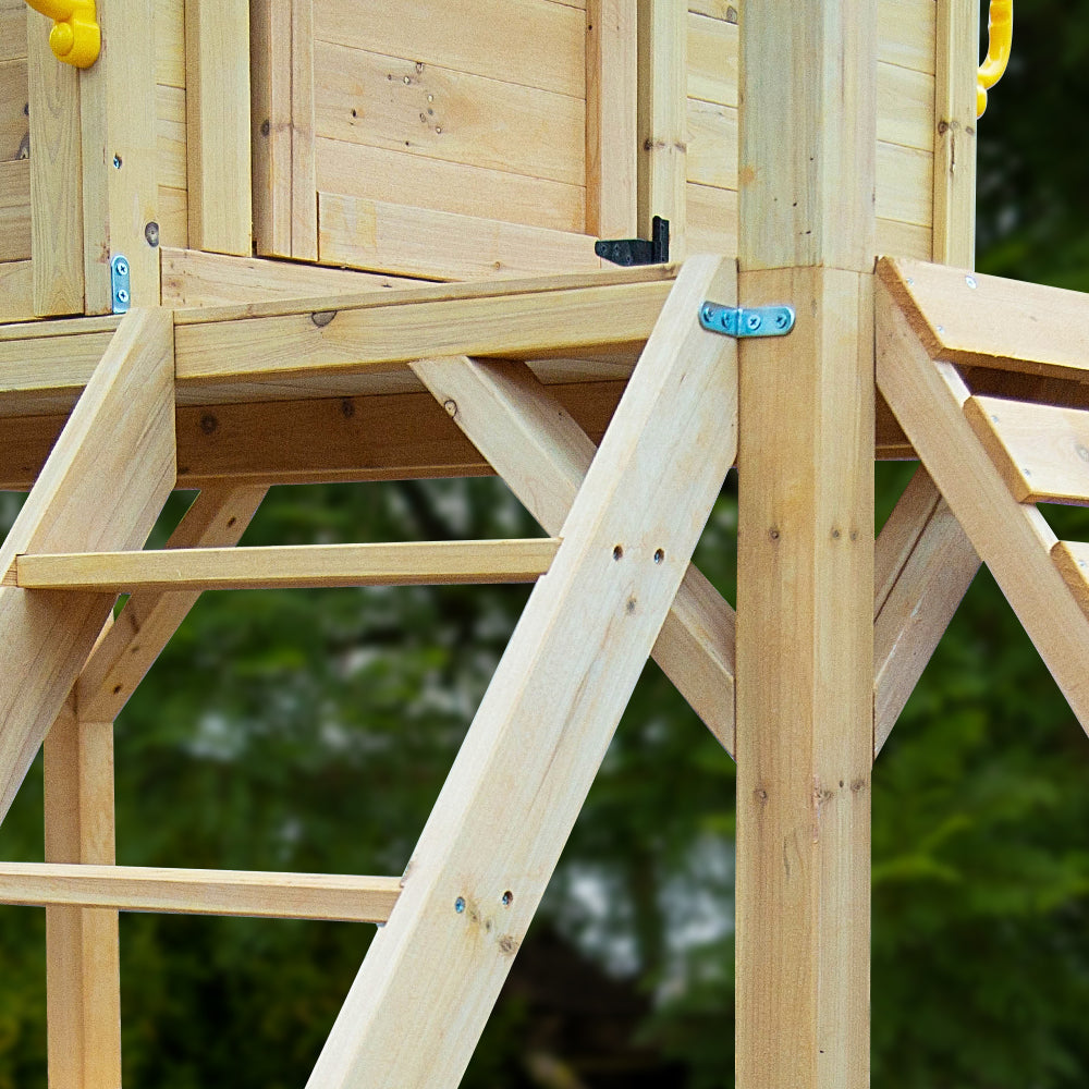 Outdoor Play Equipment: ROVO KIDS Wooden Tower Cubby House with Slide, Sandpit, Climbing Wall, Noughts & Crosses, Natural Colour