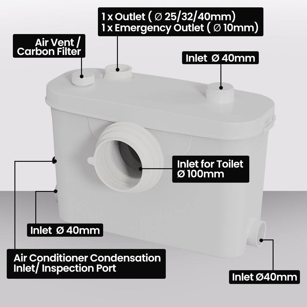 Sewage Pumps: PROTEGE Macerator Pump, with 4 Inlet, for P-Trap Toilet, House, Bathroom, Shower, Sink, Washing Machine