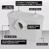 Sewage Pumps: PROTEGE Macerator Pump, with 4 Inlet, for P-Trap Toilet, House, Bathroom, Shower, Sink, Washing Machine