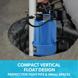 Sewage Pumps: PROTEGE Tight Access Clean/Grey Water Submersible Sump Pump, Vertical Float Switch