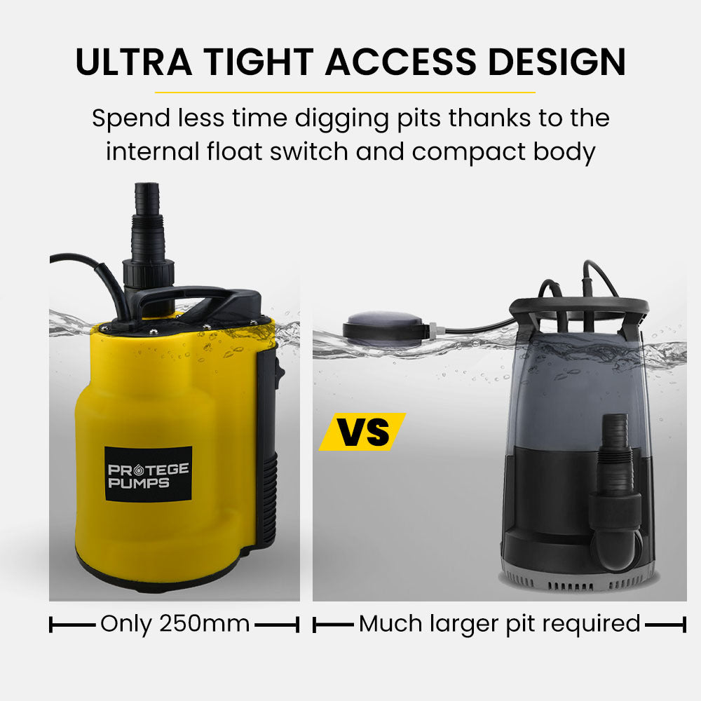 Sewage Pumps: PROTEGE Tight Access Clean/Grey Water Submersible Sump Pump, Integrated Float Switch