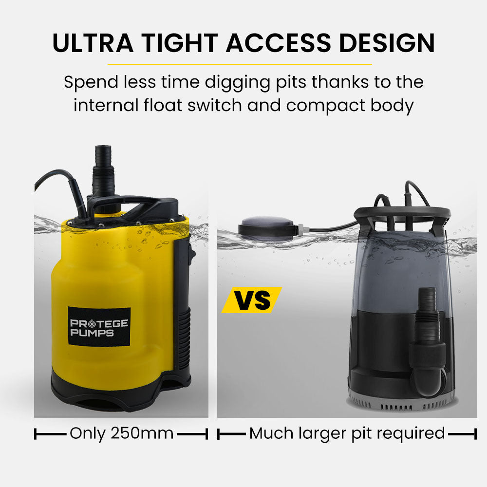Sewage Pumps: PROTEGE Tight Access Dirty Water Submersible Sump Pump, Integrated Float Switch