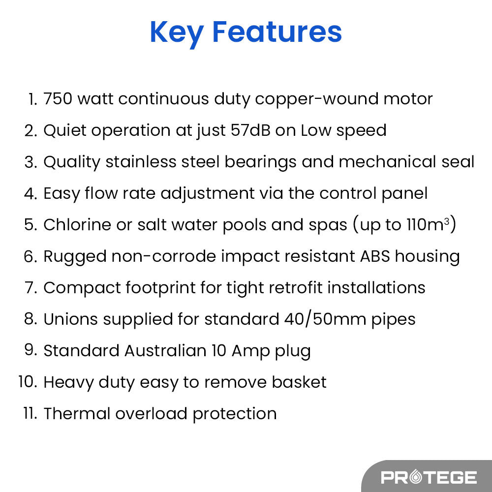 Pool Pumps: PROTEGE Variable Speed Pump, 1.0HP, 3 Speeds, Quiet, Economical, for Swimming Pool and Spa