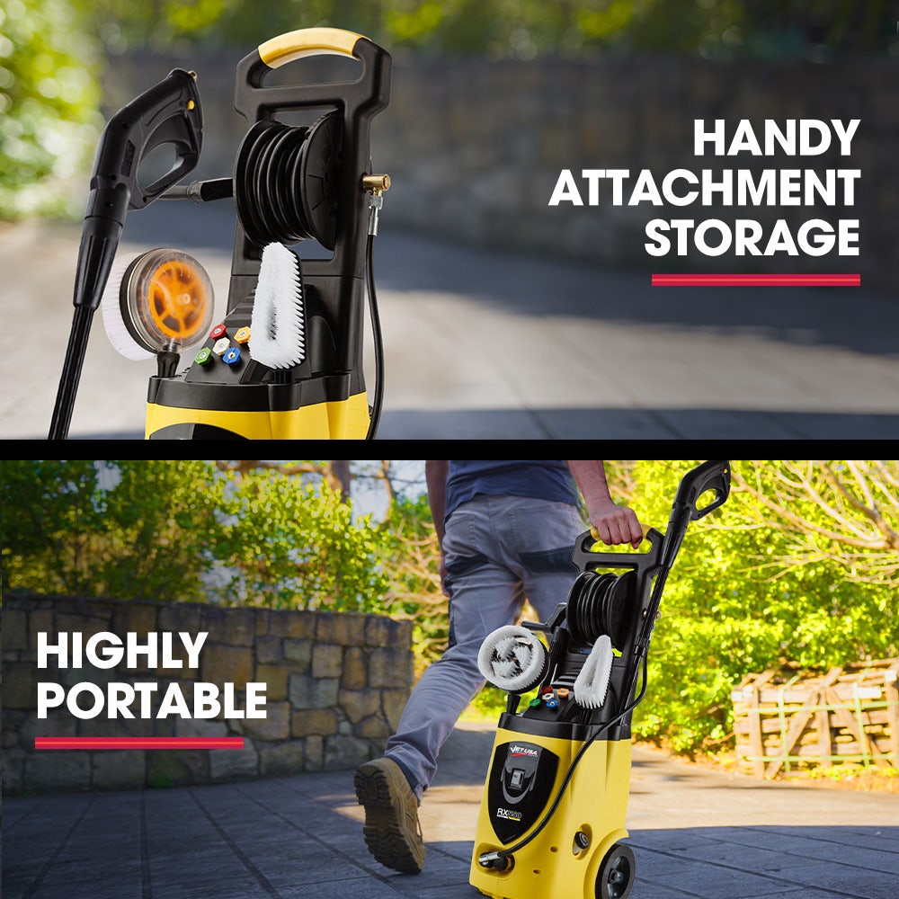 JET-USA RX550 Electric High Pressure Washer 3500PSI, 5 Nozzles, Spin & Wheel Brush, Deck Cleaner, Turbo Head, 10M Hose