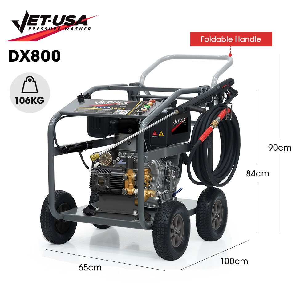 Outdoor Power Equipment: JET-USA Commercial Diesel High-Pressure Washer Cleaner, Electric Start 10hp 418cc, 15m Steel Braided Hose, Adjustable Triplex Pump - DX800