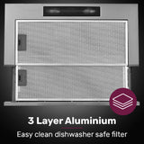 Exhaust Fans: EUROCHEF 60cm Slideout Stainless Steel Rangehood, Quiet 2-Speed, 3-Layer Dishwashable Filters, Halogen Lights ESR60S