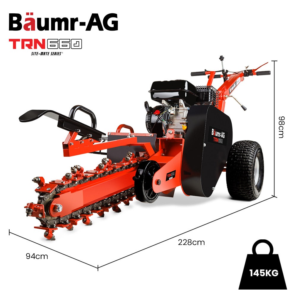 BAUMR-AG TRN660 8HP 600mmx90mm Trench Digger, Heavy-duty Carbide Claws, EZ Start, 8HP, Adj Controls