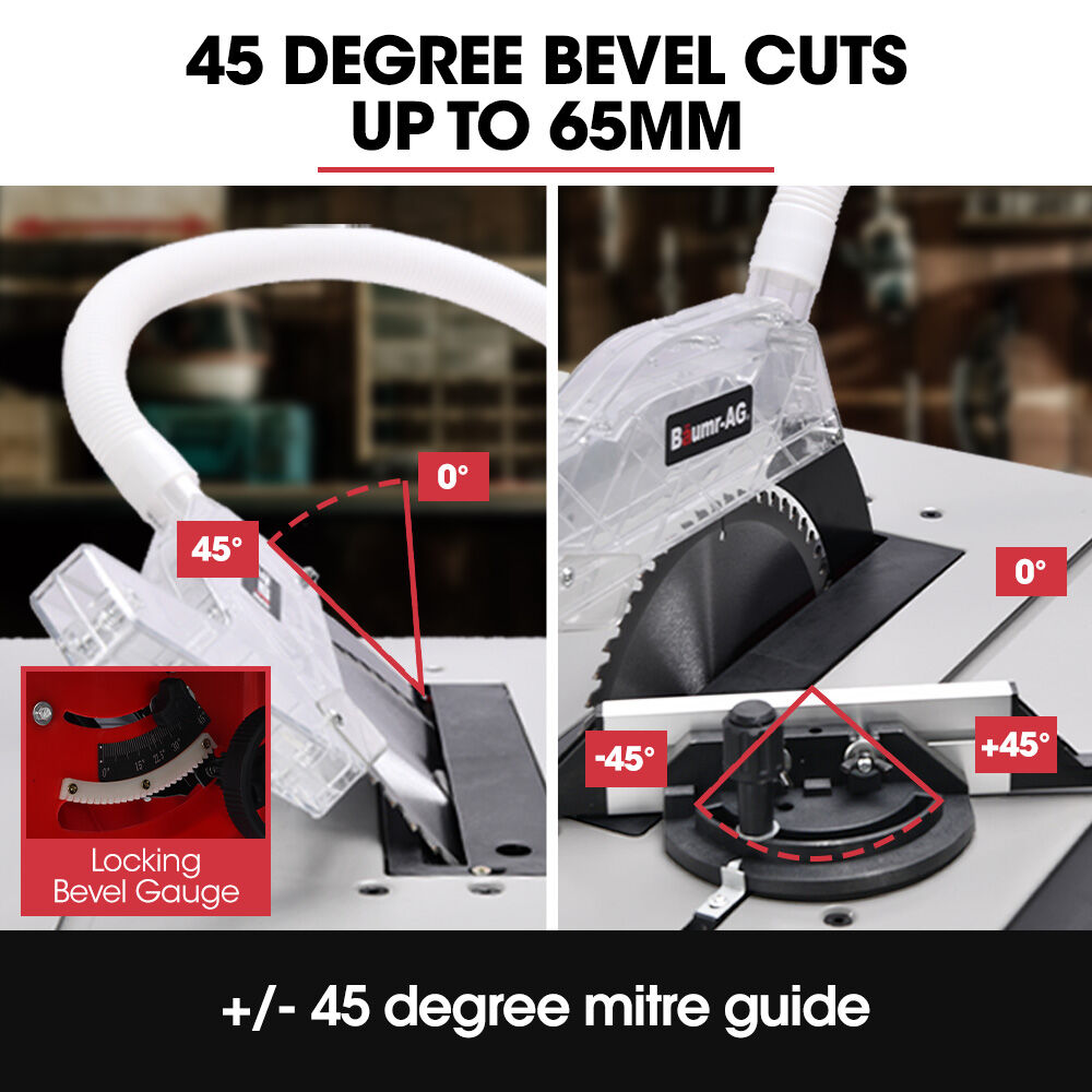 Power Saws: BAUMR-AG 2000W 255mm 10" Compound Table Saw, with Stand, Expandable Worktop, Vacuum Port, 45 Degree Bevel, +/- 45 Degree Mitre, Anti-tip