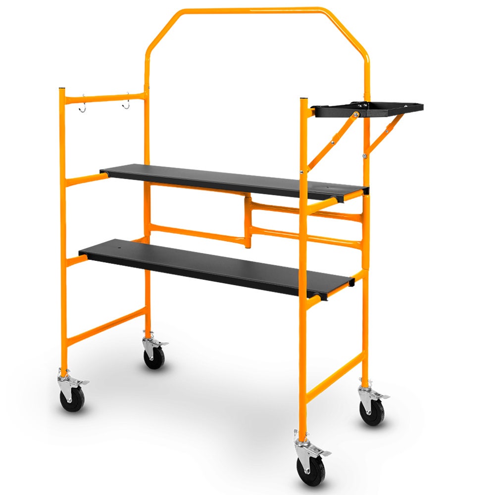 Ladders & Scaffolding: BAUMR-AG Mobile Scaffold Platform, 226kg Load, Steel Frame, Dual Height, Folding for easy Transport and Storage, Locking Castors, Tool Tray