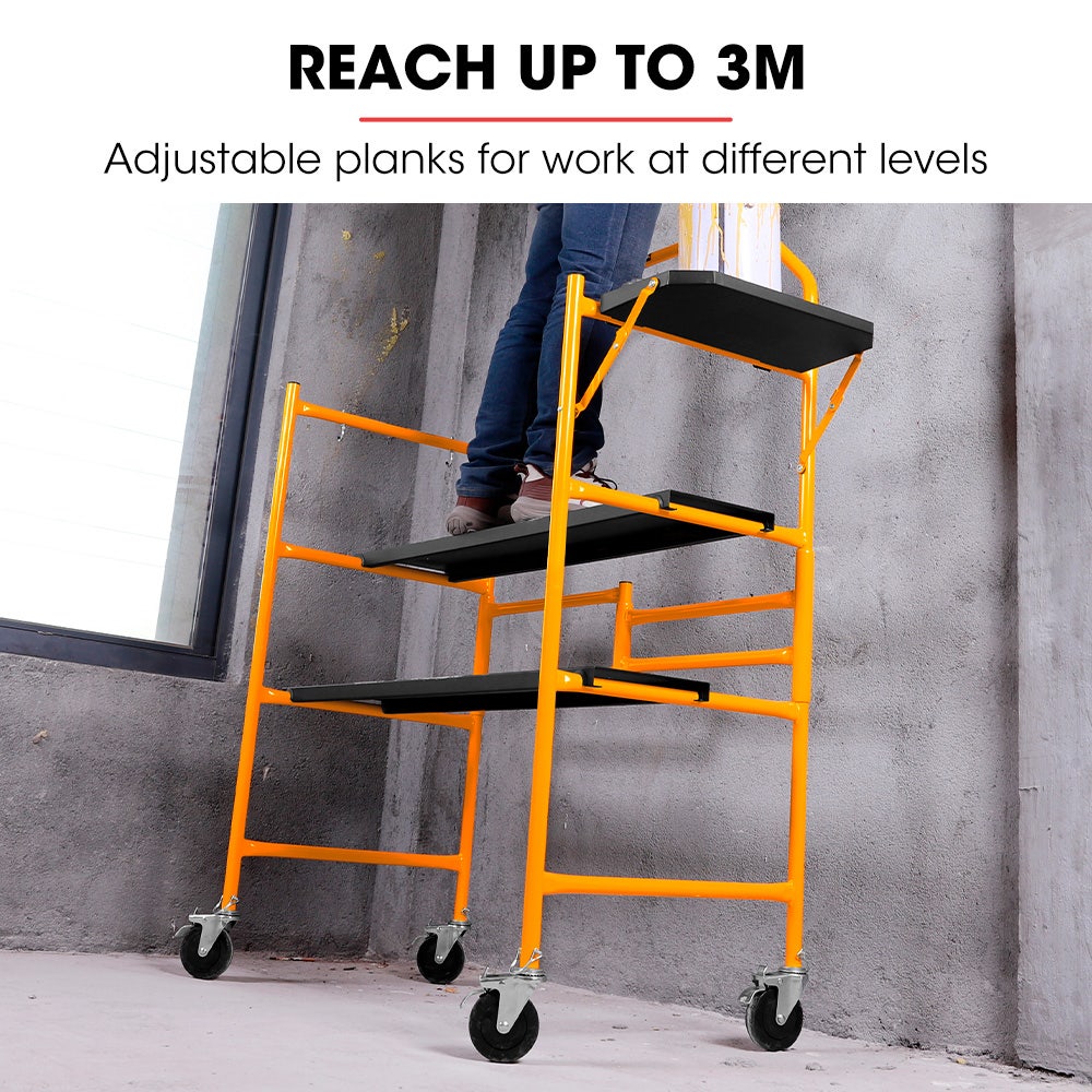 Ladders & Scaffolding: BAUMR-AG Mobile Scaffold Platform, 226kg Load, Steel Frame, Dual Height, Folding for easy Transport and Storage, Locking Castors, Tool Tray