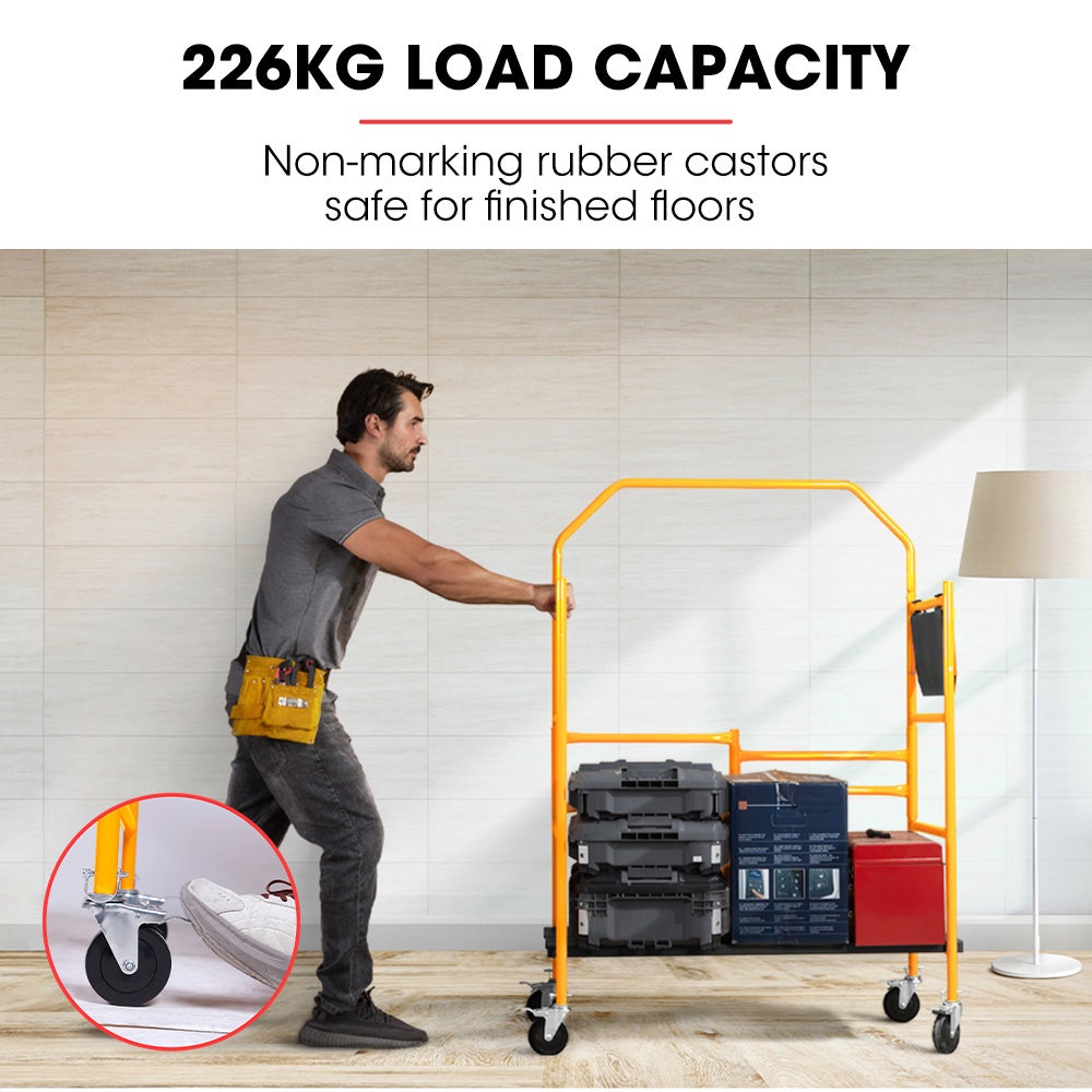 Ladders & Scaffolding: BAUMR-AG Mobile Scaffold Platform, 226kg Load, Steel Frame, Dual Height, Folding for easy Transport and Storage, Locking Castors, Tool Tray