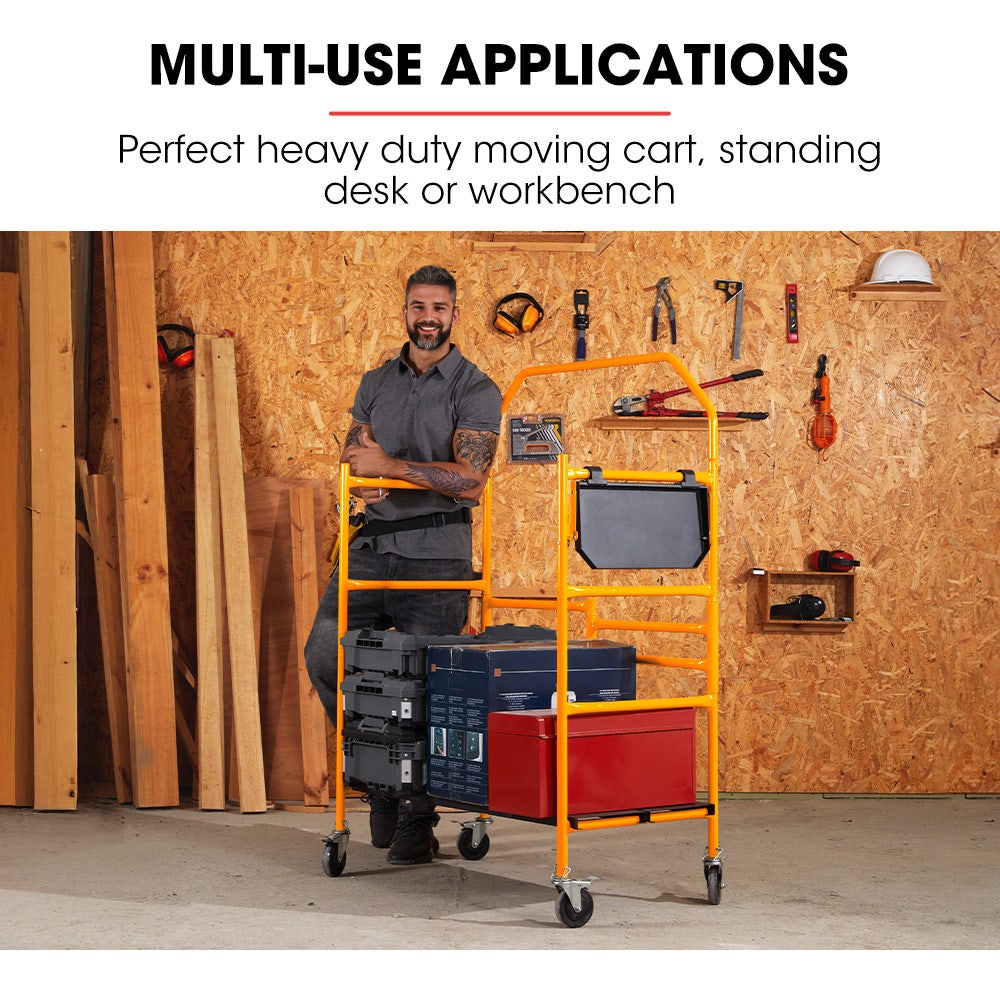 Ladders & Scaffolding: BAUMR-AG Mobile Scaffold Platform, 226kg Load, Steel Frame, Dual Height, Folding for easy Transport and Storage, Locking Castors, Tool Tray