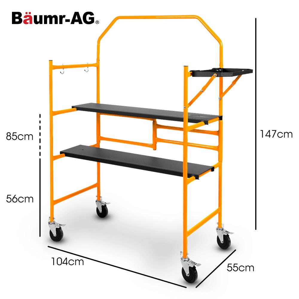 Ladders & Scaffolding: BAUMR-AG Mobile Scaffold Platform, 226kg Load, Steel Frame, Dual Height, Folding for easy Transport and Storage, Locking Castors, Tool Tray