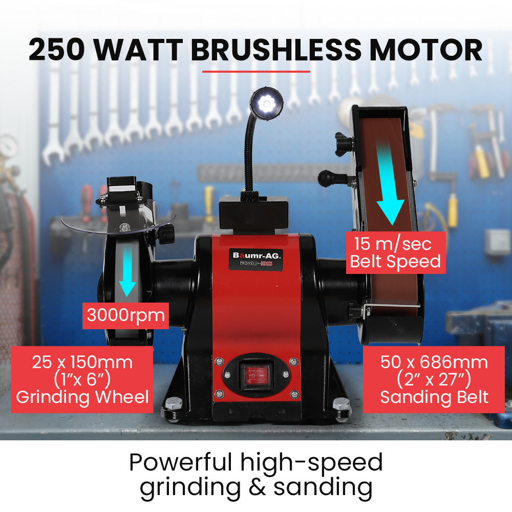 Sanders: BAUMR-AG Bench Grinder and Belt Sander Combo, 150mm Grinding Disc, 50 x 686mm Linisher, Brushless Motor, Worklight