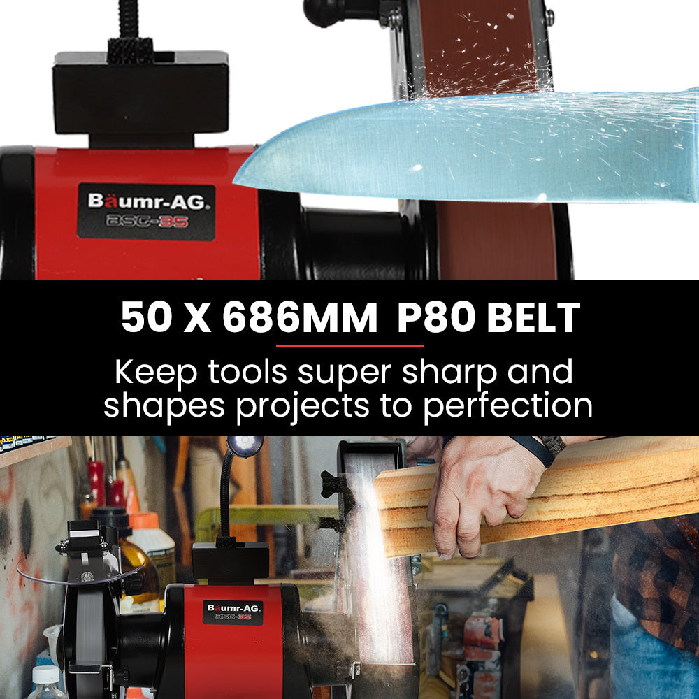 Sanders: BAUMR-AG Bench Grinder and Belt Sander Combo, 150mm Grinding Disc, 50 x 686mm Linisher, Brushless Motor, Worklight