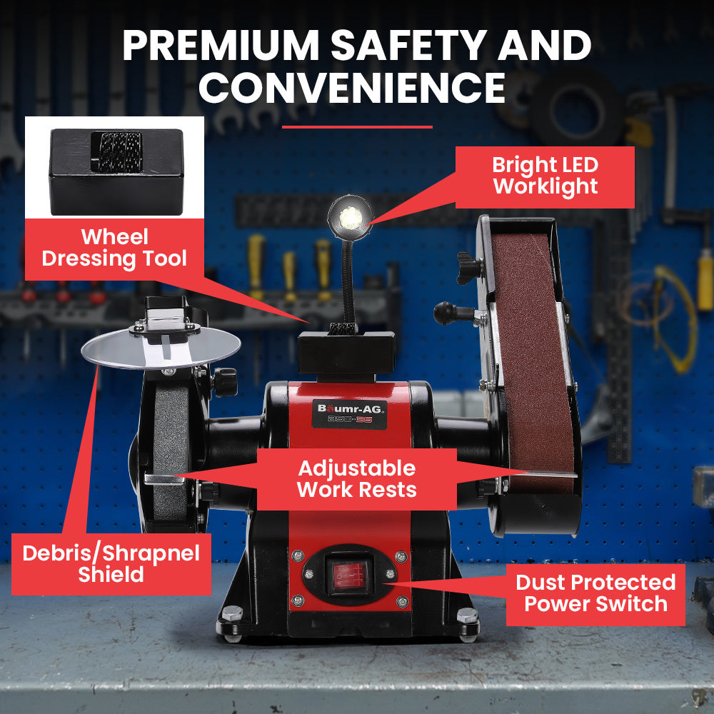 Sanders: BAUMR-AG Bench Grinder and Belt Sander Combo, 150mm Grinding Disc, 50 x 686mm Linisher, Brushless Motor, Worklight