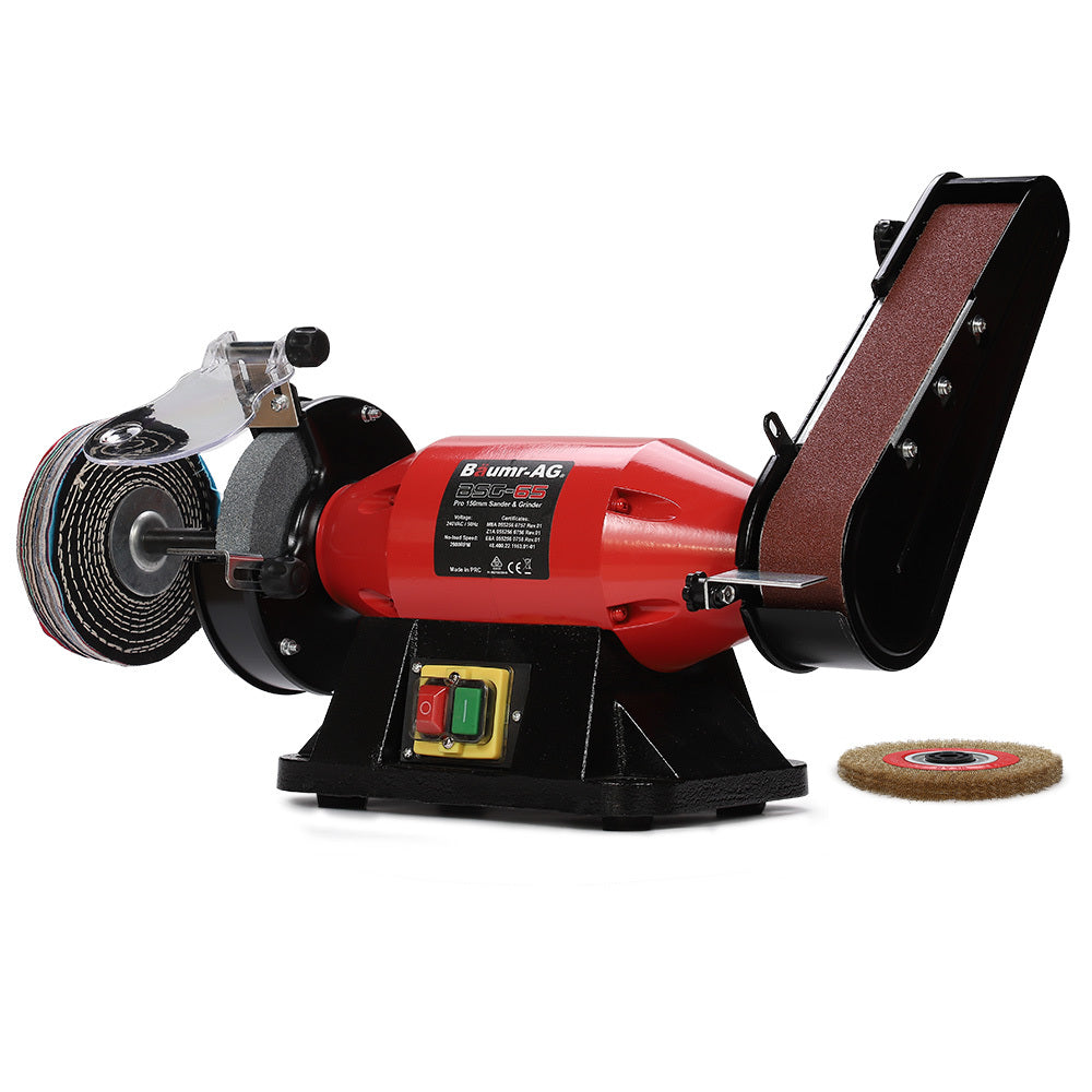 Sanders: BAUMR-AG Bench Grinder Sander and Polisher Combo, 150mm Grinding Wheel, 50mm Linisher, 520W Brushless Motor, w/ Wire and Buffing Wheels