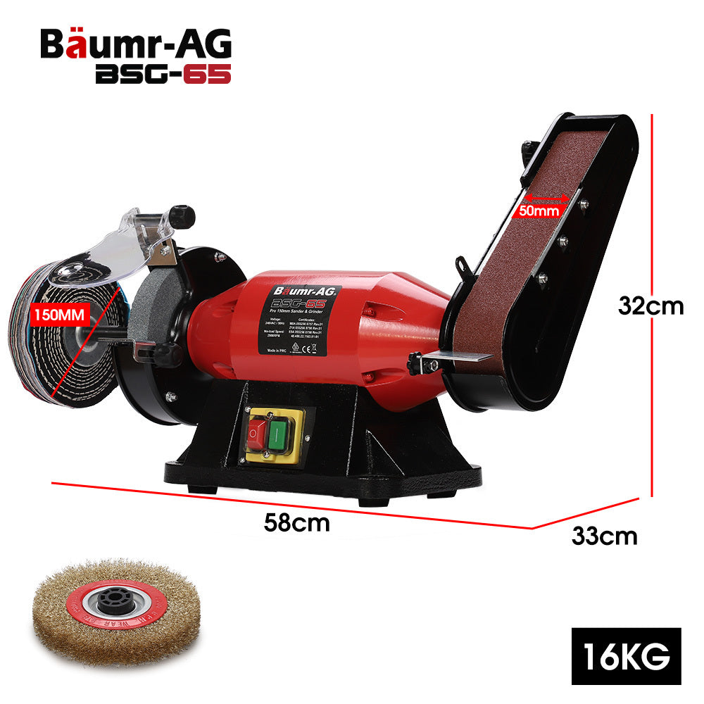 Sanders: BAUMR-AG Bench Grinder Sander and Polisher Combo, 150mm Grinding Wheel, 50mm Linisher, 520W Brushless Motor, w/ Wire and Buffing Wheels