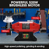 Sanders: BAUMR-AG Bench Grinder Sander and Polisher Combo, 150mm Grinding Wheel, 50mm Linisher, 520W Brushless Motor, w/ Wire and Buffing Wheels