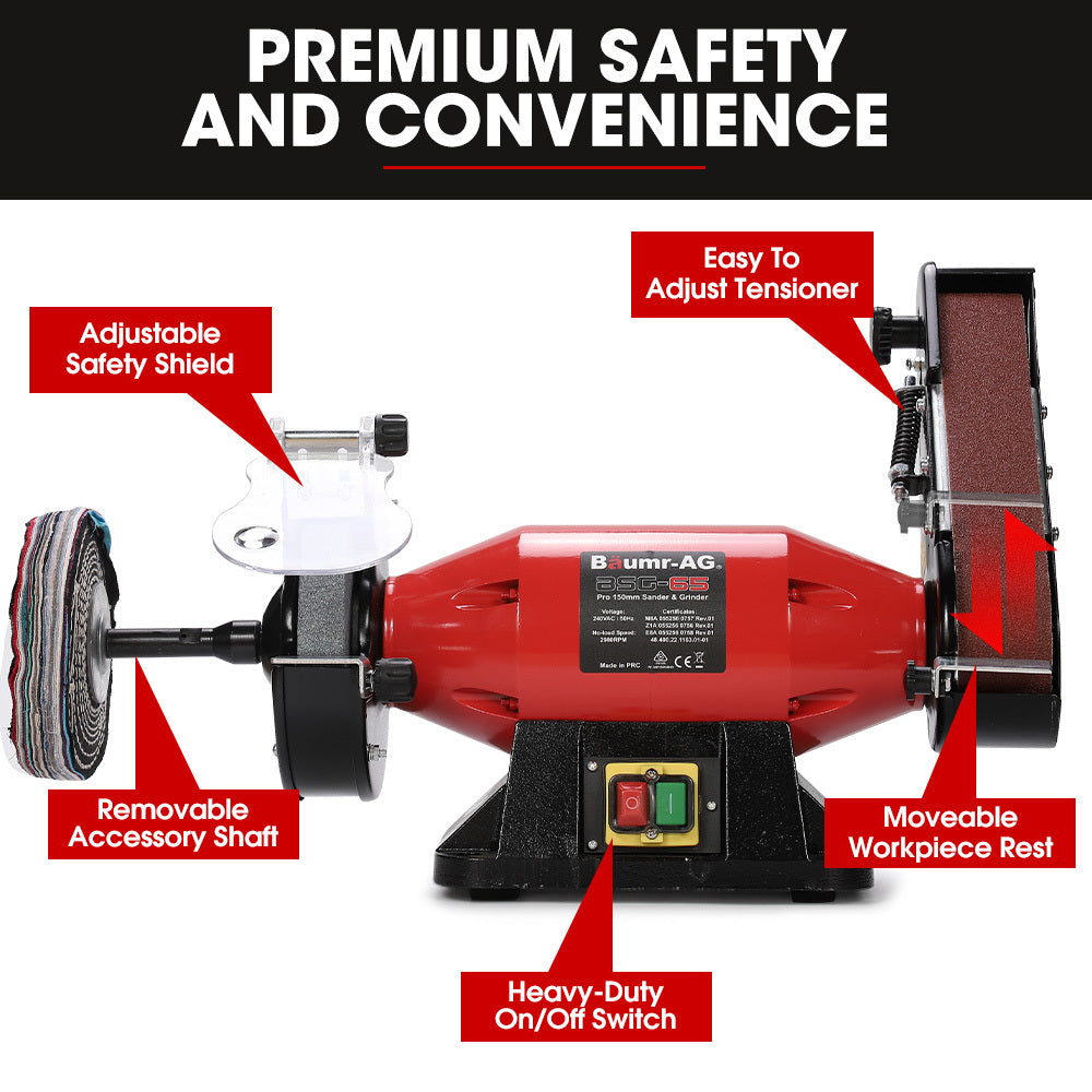 Sanders: BAUMR-AG Bench Grinder Sander and Polisher Combo, 150mm Grinding Wheel, 50mm Linisher, 520W Brushless Motor, w/ Wire and Buffing Wheels